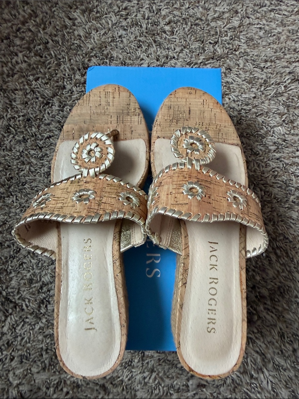 Jack Rogers Cork Slide Sandals in Natural with Metallic Trim
